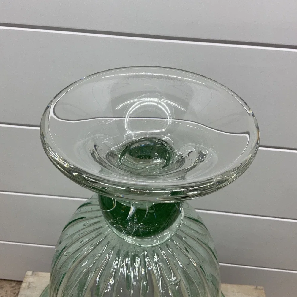 Green Seeded Glass Optic Ribbed Footed Hurricane Vase 11.5 Inch Centerpiece